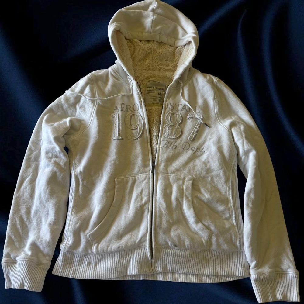 Aeropostale 2009 white embroidered logo fur lined full zip-up jacket y2k mcbling